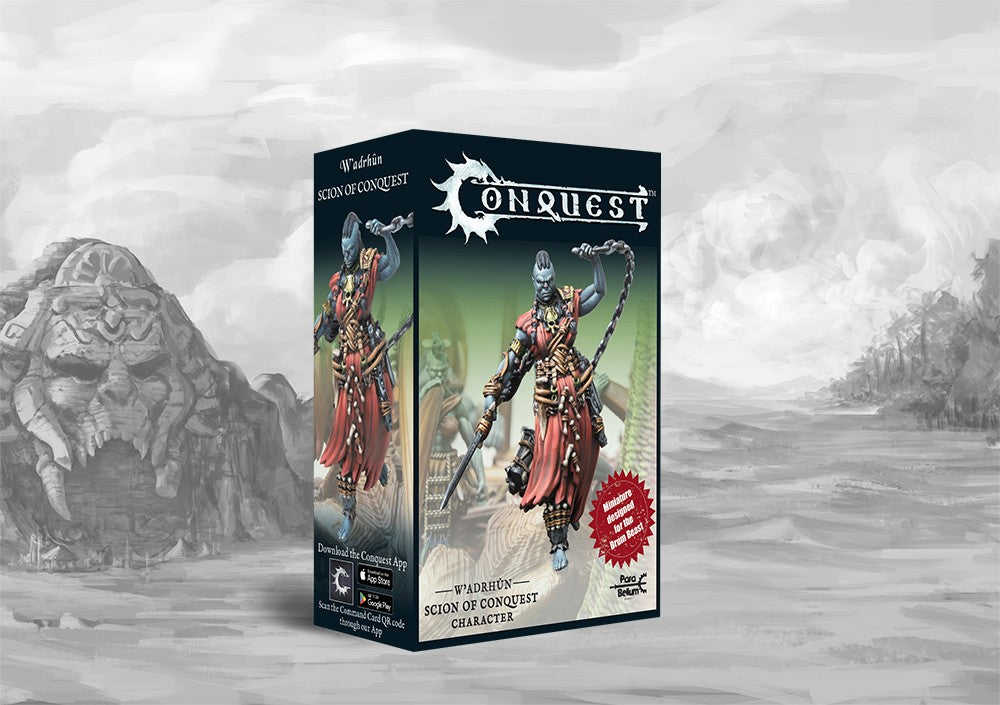 Box art for the Conquest W'adrhŭn Scion of Conquest Character, featuring the blue-skinned War-Priest leader in red cloth and tribal armor.