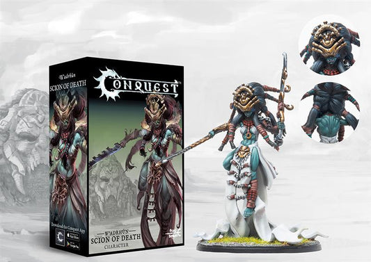 Box art for the Conquest W'adrhŭn Scion of Death Character, a multi-limbed War-Priest miniature dedicated to the Cult of Death.