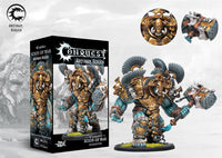 Box art and painted model of the Conquest W'adrhŭn Scion of War (Artisan Series), a mighty Brute Character clad in heavy golden armor.