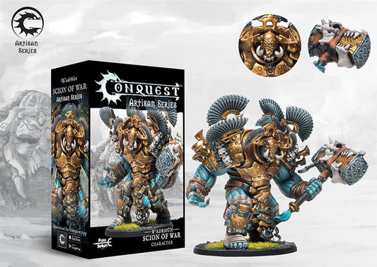 Box art and painted model of the Conquest W'adrhŭn Scion of War (Artisan Series), a mighty Brute Character clad in heavy golden armor.
