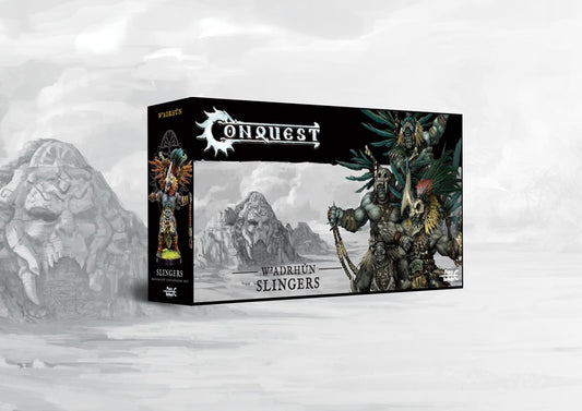 Box art for the Conquest W'adrhŭn Slingers Regiment Expansion Set, a Dual Kit that also builds the Hunters unit (Light Missile Infantry).