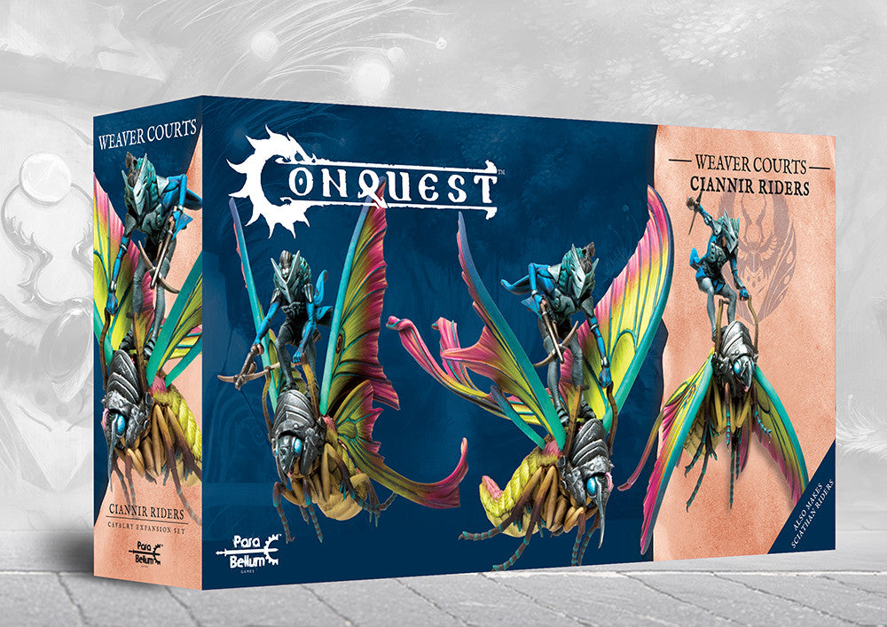 The box art for the Conquest Weaver Courts Ciannir Riders, a dual kit that also builds Sciathan Riders, featuring warriors mounted on giant moths.