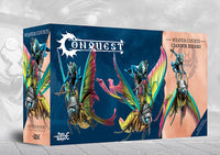The box art for the Conquest Weaver Courts Ciannir Riders, a dual kit that also builds Sciathan Riders, featuring warriors mounted on giant moths.