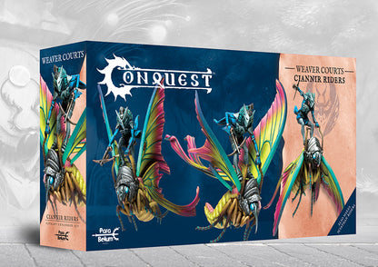 The box art for the Conquest Weaver Courts Ciannir Riders, a dual kit that also builds Sciathan Riders, featuring warriors mounted on giant moths.