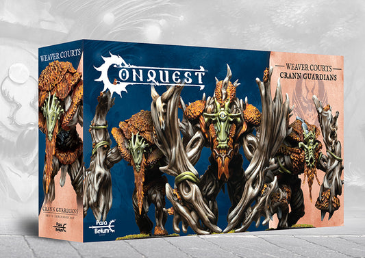 The product box for the Conquest Weaver Courts Crann Guardians, showing several large, sentient tree creatures ready for battle.