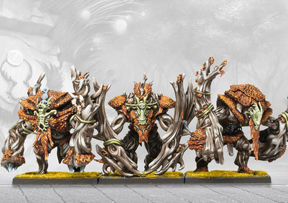 A unit of three painted Crann Guardian miniatures from the Conquest Weaver Courts faction, showcasing their tree-like bark armour.