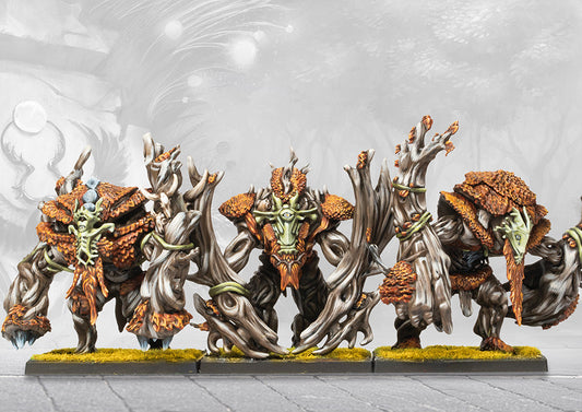 A unit of three painted Crann Guardian miniatures from the Conquest Weaver Courts faction, showcasing their tree-like bark armour.