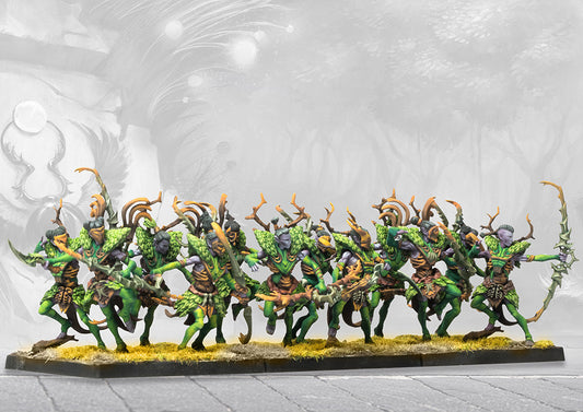 A large unit of twelve painted Kern Skirmisher miniatures from the Conquest Weaver Courts faction, armed with bows.