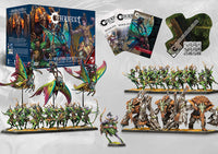 The complete Conquest: Weaver Courts One Player Starter Set, showing the box, miniatures like the Sciathan Riders and Crann Guardians, dice, and rulebooks.