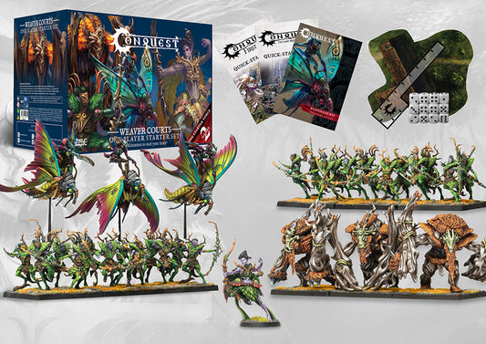 The complete Conquest: Weaver Courts One Player Starter Set, showing the box, miniatures like the Sciathan Riders and Crann Guardians, dice, and rulebooks.