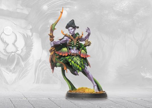 A studio-painted miniature of the Rhun Sidhe from Conquest, a purple-skinned fey archer in leafy green armor drawing a large bow.