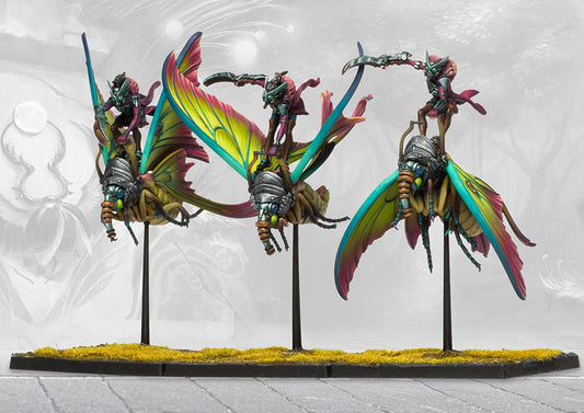 A unit of three painted Sciathan Rider miniatures from the Conquest Weaver Courts faction, mounted on large, colourful moth-like creatures.