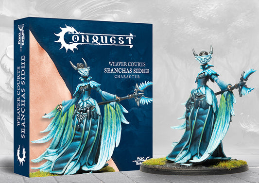The product box for the Conquest Weaver Courts Seanchas Sidhe character, shown next to the beautifully painted fey-like miniature.