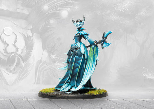  A studio-painted miniature of the Seanchas Sidhe from the Conquest tabletop game, a tall, elegant fey creature in a flowing blue gown.