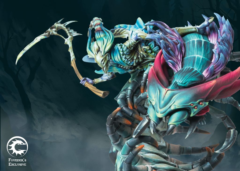 Close-up view of the rider and creature head on the Winter's Bite Founder's Exclusive model, highlighting the vibrant teal and magenta paint scheme.