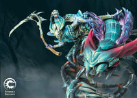 Close-up view of the rider and creature head on the Winter's Bite Founder's Exclusive model, highlighting the vibrant teal and magenta paint scheme.