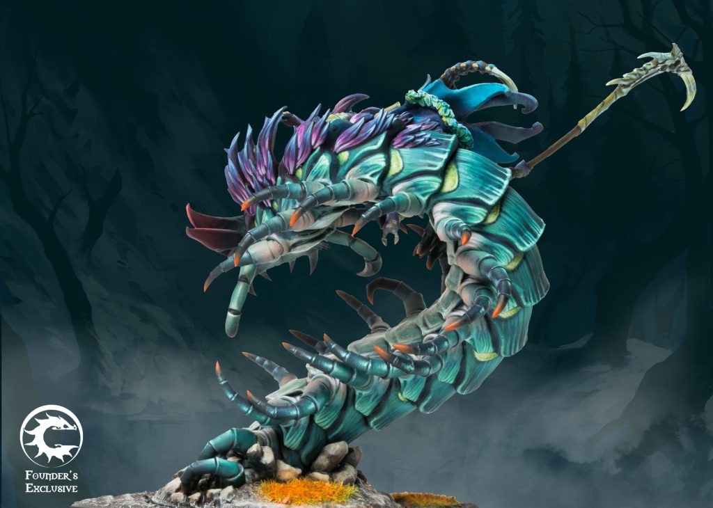 Side profile of the Winter's Bite Founder's Exclusive miniature, showing the length and teal-to-purple iridescent armor plates of the centipede.