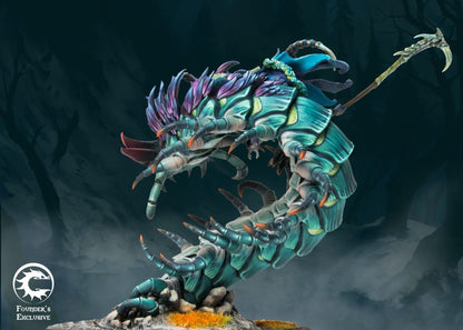 Side profile of the Winter's Bite Founder's Exclusive miniature, showing the length and teal-to-purple iridescent armor plates of the centipede.