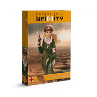 Retail box art for the Infinity the Game Ariadna Support Pack featuring the Kazak Doktor illustration.
