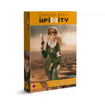 Retail box art for the Infinity the Game Ariadna Support Pack featuring the Kazak Doktor illustration.