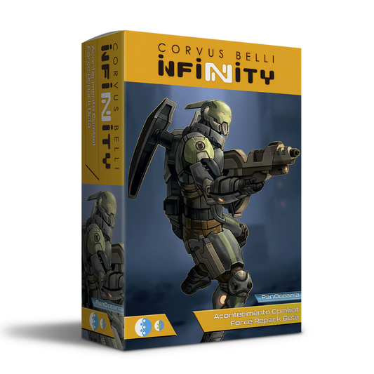 Retail box for the Infinity Acontecimento Combat Force Repack Beta for the PanOceania faction by Corvus Belli.