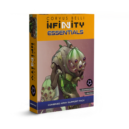 Retail box for the Infinity Essentials Combined Army Support Pack featuring the Med-Tech Obsidon Medchanoid artwork.
