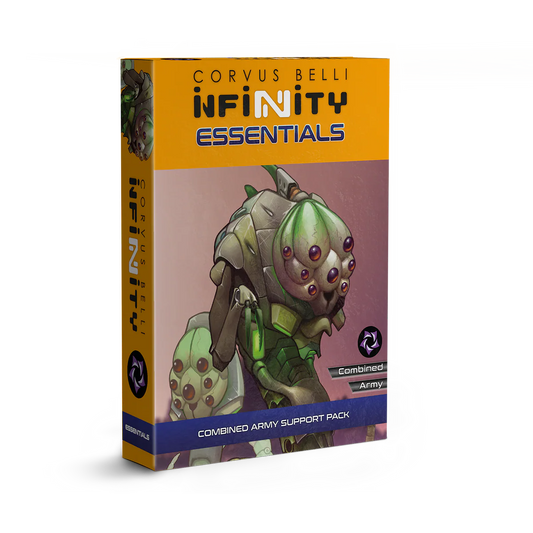 Retail box for the Infinity Essentials Combined Army Support Pack featuring the Med-Tech Obsidon Medchanoid artwork.