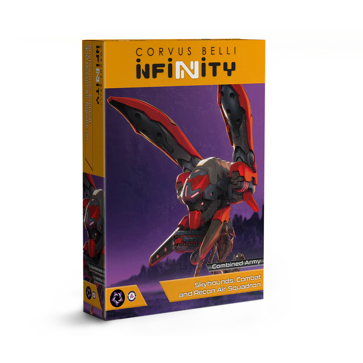 Retail box art for the Infinity Skyhounds Combat and Recon Air Squadron, featuring a high-speed Airquake mini-aircraft.