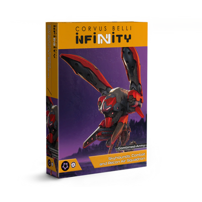 Retail box art for the Infinity Skyhounds Combat and Recon Air Squadron, featuring a high-speed Airquake mini-aircraft.