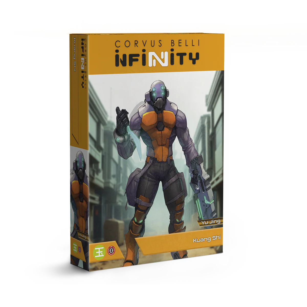 Retail box for the Infinity Yu Jing Kuang Shi unit, featuring the artwork of a penal soldier in orange and grey armor.