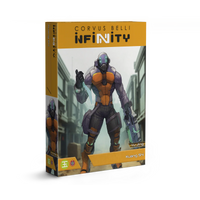 Retail box for the Infinity Yu Jing Kuang Shi unit, featuring the artwork of a penal soldier in orange and grey armor.