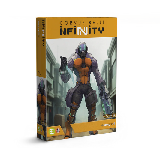 Retail box for the Infinity Yu Jing Kuang Shi unit, featuring the artwork of a penal soldier in orange and grey armor.