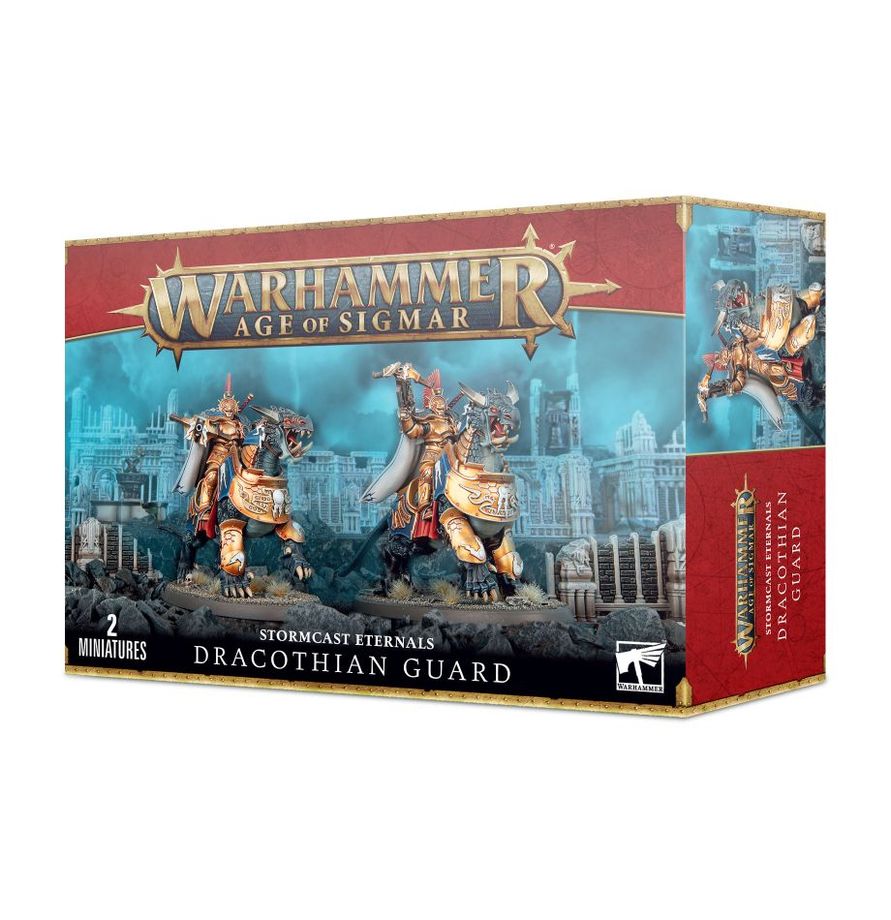 The official retail product box for the Dracothian Guard Tempestors miniature kit, featuring the fully assembled and painted Stormcast Eternals models.