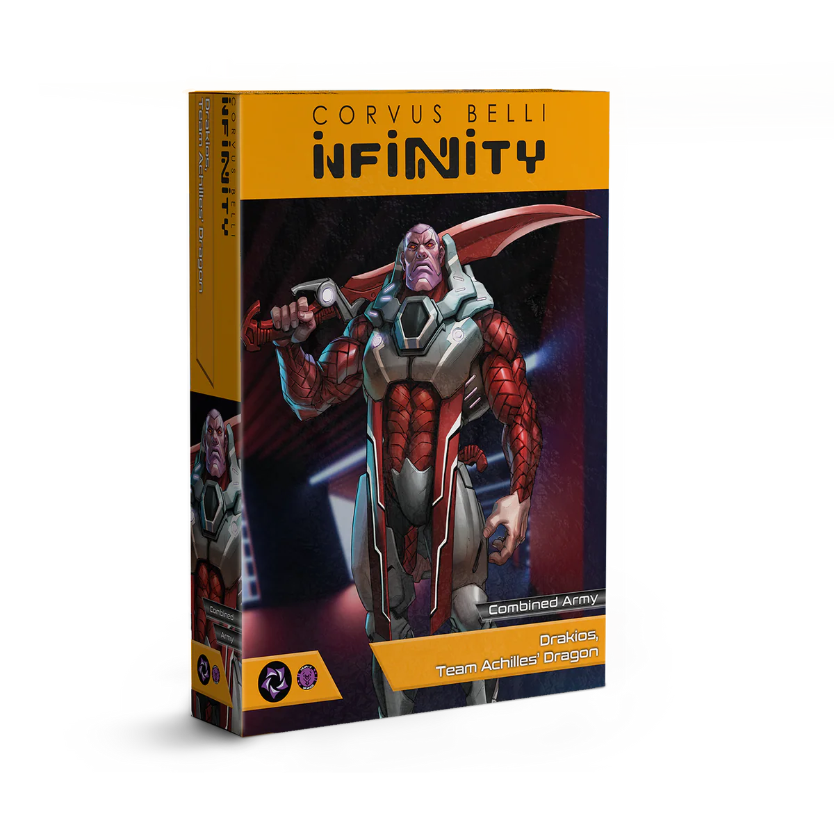 Front box art packaging for the Infinity Next Wave Drakios, Team Achilles' Dragon set.