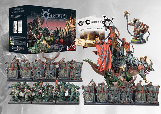The fully assembled and painted contents of the Dweghom 5th Anniversary Starter Set, showcasing Hold Ballistae and the huge Hellbringer Drake monster.