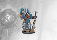 Rear view of the painted Dweghom Ardent Kerawegh miniature, emphasizing his large horns, heavy ceremonial armor, and the sword sheathed on his back.