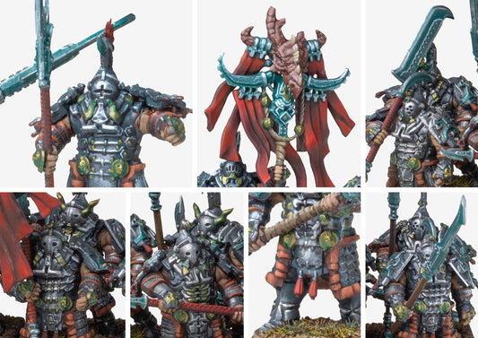 Close-up details of the Dragonslayers miniature, emphasizing the intricate scale-like heavy armor, spiked helmets, and the large, monster-slaying spears.