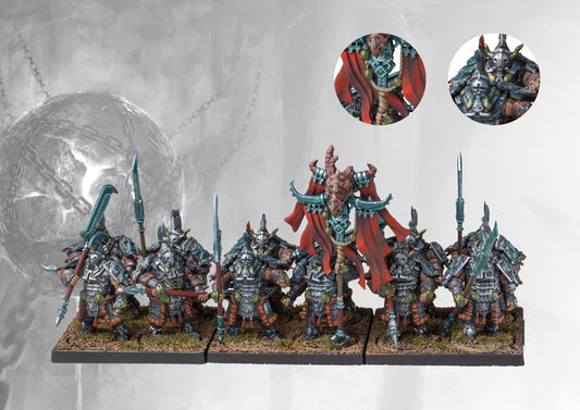 A fully painted Dweghom Dragonslayers regiment, showcasing the elite heavy infantry unit with long spears and ceremonial, scaled armor, led by a fearsome commander.