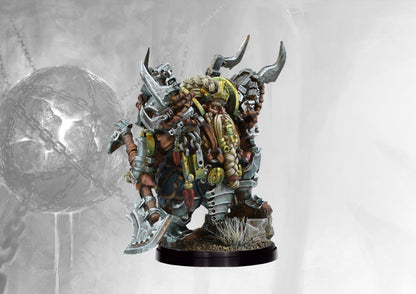 Fully painted Dweghom Exemplar Raegh miniature, showcasing the heavily armored dwarf hero wielding a huge axe and shield on a scenic base.