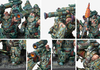 Close-up details of the Dweghom Fireforged models, highlighting the large shoulder-mounted fire projector weapons, heavy layered armor, and determined dwarf expressions.