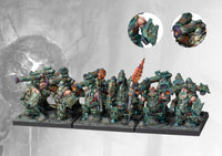 A fully painted Dweghom Fireforged regiment (Medium Infantry), showing the disciplined line of heavily armored dwarves launching fire projectiles.