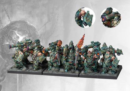 A fully painted Dweghom Fireforged regiment (Medium Infantry), showing the disciplined line of heavily armored dwarves launching fire projectiles.