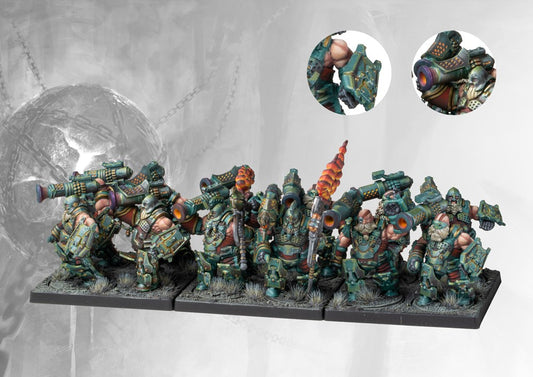 A fully painted Dweghom Fireforged regiment (Medium Infantry), showing the disciplined line of heavily armored dwarves launching fire projectiles.
