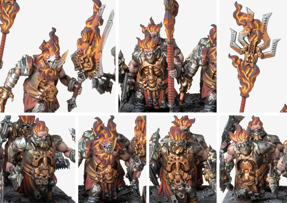 Close-up details of the Flame Berserkers models, emphasizing the glowing elemental fire on the weapons and head, and the rune-covered armor plating.