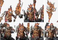 Close-up details of the Flame Berserkers models, emphasizing the glowing elemental fire on the weapons and head, and the rune-covered armor plating.