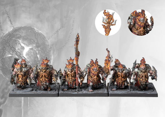 A fully painted Dweghom Flame Berserkers regiment, showcasing the fire-wreathed berserkers and the unique elemental command banner.