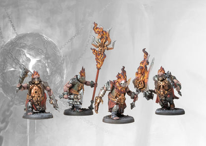 Five individual painted Dweghom Flame Berserkers miniatures, displaying the elemental fire effects, heavy axe weaponry, and furious poses.