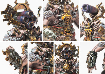 Close-up details of the Dweghom Found miniature, highlighting the multi-barrel and single-barrel Brute Cannons, and the molten metal armor plates.
