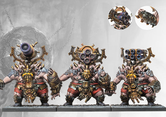 A fully painted unit of Dweghom Found Brutes, showing the massive fire cannons and siege weaponry mounted on their heavy elemental armor.