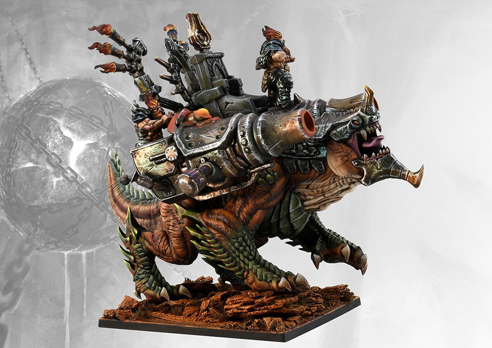 Close-up of the Hellbringer Drake model, highlighting the dwarf crew, the large cannon barrels, and the monstrous, enraged face of the beast.